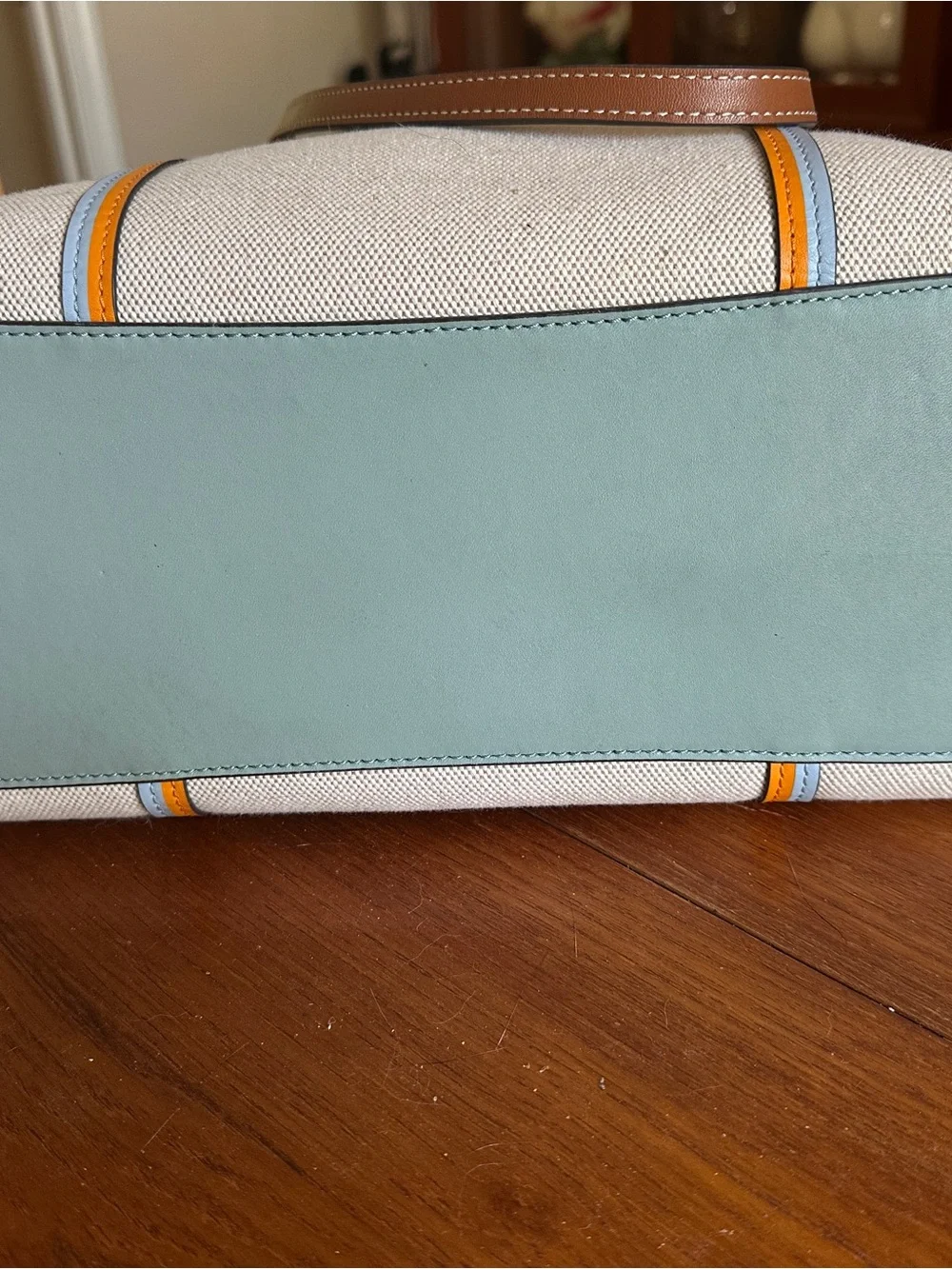 Tory Burch Canvas Tote with Brown Leather Trim and Orange & Blue Accents